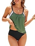 ZAFUL Two Piece Tankini Swimsuit for Women High Waisted Tummy Control Bathing Suit Double Up Tankini Set Armygreen L