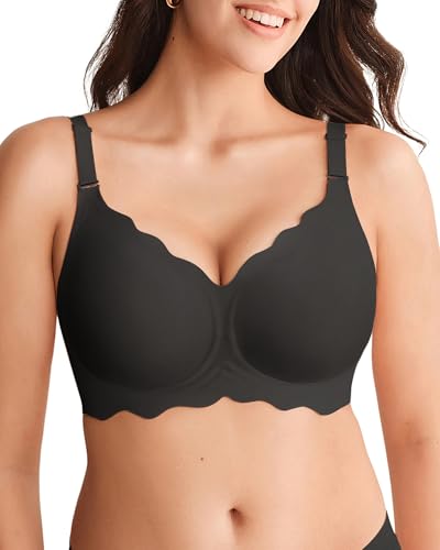 SHARICCA Glatter BH Damen Ohne Bügel Tiefem V-Ausschnitt Push Up BHS Bralette Soft Bequem BH Bügellos Bustier(Schwarz-1P02-XXL)
