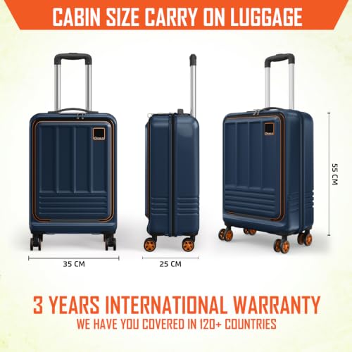 Image of Safari Genius Cabin Trolley Bag with Laptop Compartment, Hardside Polycarbonate Small (55cm) Suitcase | 360 8 Wheel Spinner Travel Luggage| Recessed Combination Lock|Paradox| Graphite Blue