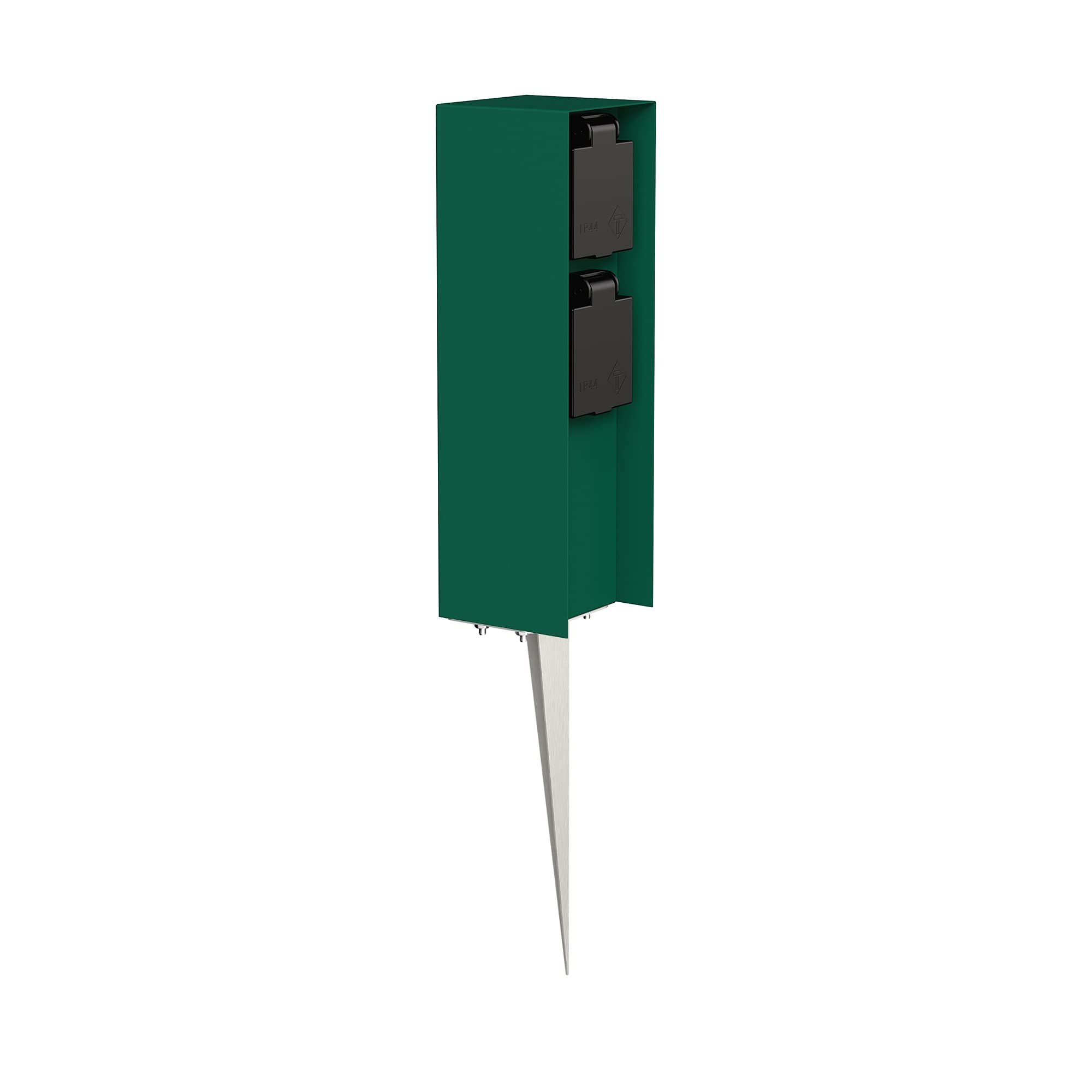 ledscom.de Garten-Steckdosen-Säule POMI mit Erdspieß für außen, IP44, 2-Fach, grün, eckig, 23cm