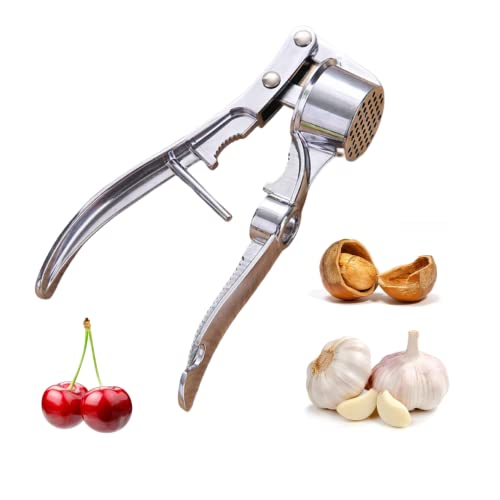 Prensa ajos 5 en 1 inoxidable, válido para ajo, nueces, cerezas, abrir botellas y raspador de escamas, material zinc de alta densidad, cómodo y compacto, fácil de utilizar Cover