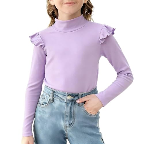 Image of Girls Ruffle Long Sleeve Mock Neck Tops Basic T Shirt Kids Fall Winter Tops Active Layer Shirts