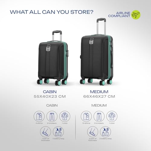 Image of Safari Medium Thorium Neo 8 Wheels 55 and 66 Cm Small and Trolley Bags Hard Case Polycarbonate 360 Degree Wheeling System Luggage, Trolley Bags for Travel Set of 2, Suitcase for Travel, Black