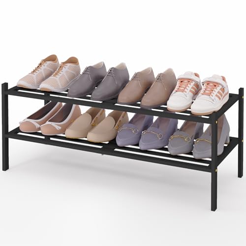Image of Smiry Bamboo Shoe Rack, 5 Horizontal Slats, 2 Tier - 33.9 inch Wide, Black