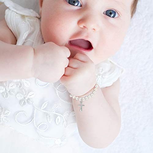 925 Sterling Silver 5" White Simulated Pearl Baby Girls Small Cross Bracelet - Cute Religious Baptism & Christening Bracelet for Babies - Tiny Bracelet for Babies ad Toddlers2