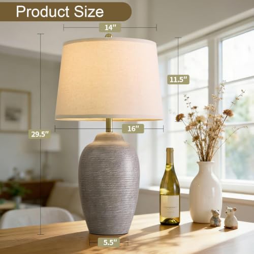 USumkky 29.5" Tall Vintage Ceramic Table Lamp with 5FT Cord - Single Large Rustic Farmhouse Bedside Lamp with Linen Shade & Natural Textured Finish, Nightstand Table Lamp for Bedroom End Table,Grey by USumkky - Used condition - Image 5