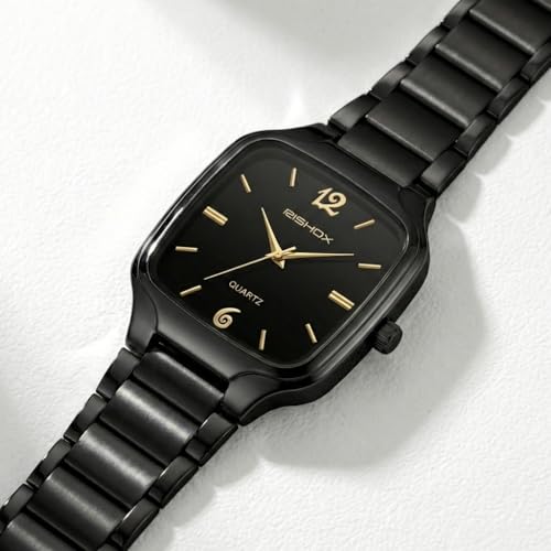 Image of Men's Analog Watch | Black Dial Square Stainless Steel Strap | Slim Quartz Wrist Watch for Men & Boys | Stylish Formal Casual Water Resistant Watch