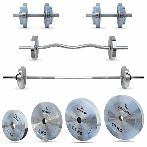 Image of Leeway Metal Home Gym Set 100 Kg Combo with Steel Weight Plates, 3Ft Curl Rod, 5Ft Straight Rod and Steel Dumbbell Set & Barbell | Full Body Workout Equipment for Home (100kg Set (2.5X4+5X4+7.5X4+10X4))