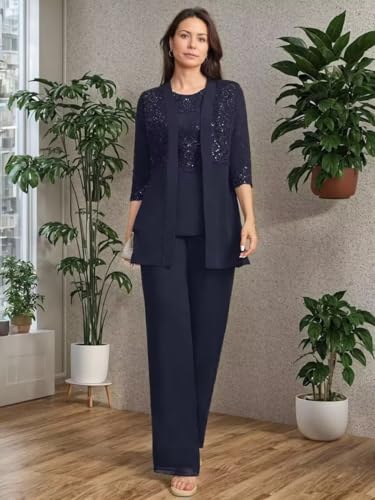 3 Pieces Mother of The Bride Pant Suits Dressy Elegant Wedding Chiffon Lace Formal Outfits with Jacket2