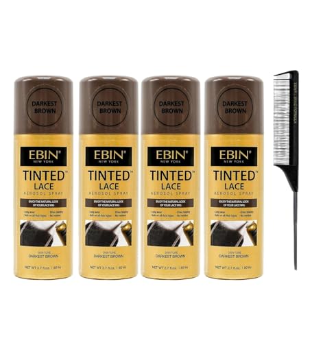 EBIN NEW YORK Lace Tint– Tinted Lace Aerosol Spray 2.7oz/80ml Darkest Brown Bundle with BRAID FORMULA Pintail Parting Comb Seamless Finish & Quick-Dry Formula – Spray for Wigs – Gift Set (5 Items)