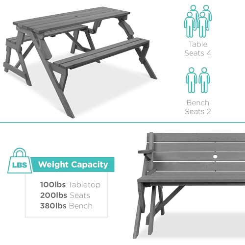 Image of Best Choice Products 2-in-1 Transforming Interchangeable Outdoor Wooden Picnic Table Garden Bench for Backyard, Porch, Patio, Deck w /Umbrella Hole - Gray