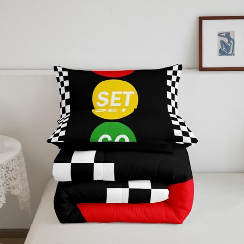Image of Feelyou Kids Checkered Flags Comforter Set Full Size, Race Sports Bedding Set Karting Road Duvet Insert Boys Girls Teens Bedroom Decor Bed Set 3Pcs