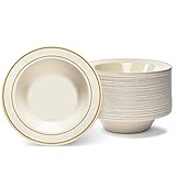 Oasis Creations Gold Rimmed Ivory Bowls - 12 ounce - 50 Count - Hard Plastic - Disposable or Reusable - Dessert - Salad - Cereal - Pasta Bowls - Ideal for Weddings, Parties, Gatherings, Events &More!