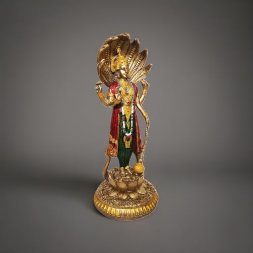 Image of YASHONIDHI Venkatesh Narayan Vishnu Bhagwan Statue, 12 Inches, Lakshminarayan Gold-Colour Murti Standing on Lotus and Sheshnag, for Home, Office Decoration, for Pooja Room