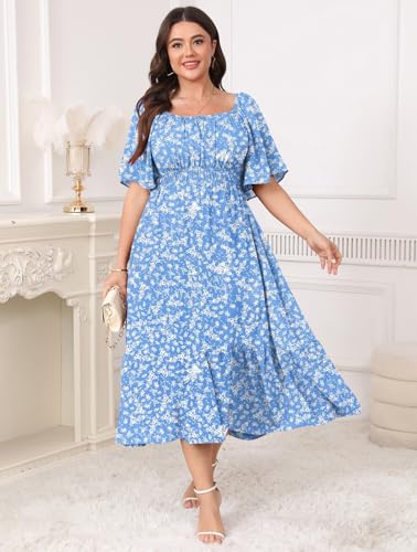 Image of CICIDUDU Plus Size Smocked Maxi Dresses for Curvy Women Square Neck Flowy Casual Summer Wedding Guest Dress