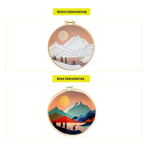 Image of mozhijing Landscape Embroidery Stamped Pattern.Scenery Embroidery Kits for Beginners Adults, Mountains and Lake Stamped Cross Stitch Kits for Beginners (Pattern A)