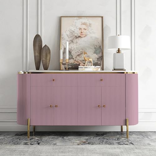 Image of Modern Console Table, 55 x 15 x 30 inch, White Ribbed Design, Marble Top, Gold Accents, 4-Door Storage Cabinet, Waterproof Plywood, PVD-Coated Legs, Elegant Entryway (Pink)