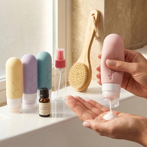 Image of DEPOZA Travel Bottles Kit (16 Pack) - TSA Approved, Leak Proof Silicone Squeezable Containers for Toiletries. Complete Set with Jars, Sprayers & Bag (Light Purple)