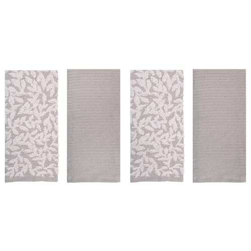 Image of Kitchen Towels, Cotton Hand Towels, Grey and White Vine Ribbed Hand Drying Cloth Set of 4 Absorbent Hand Towels, 18 x 28 Kitchen Linens