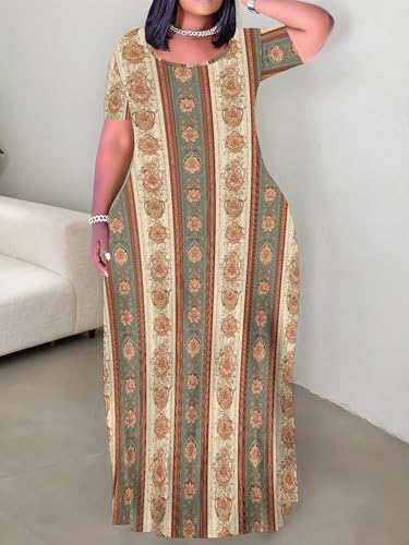 Image of PinkPatty Plus Size Maxi Dress for Curvy Women Crew Neck Long Sleeves Casual Dress Vacation Sundresses with Pockets
