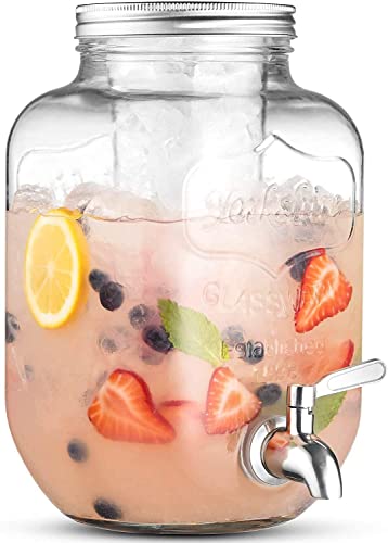 Image of Glass Cold Water Mason Jar, Beer, Drink Dispenser, Pitcher with tap | Spigot and Steel lid | 5000ML | Water Pitcher for Detox Water Glass jar (5 Liter Detox)