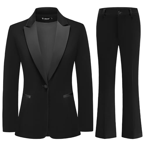 TRONSTORE Women's Velvet Suit 2 Piece Set Satin Peaked Lapel Blazer Outfits for Women Wedding Party Business-Black L