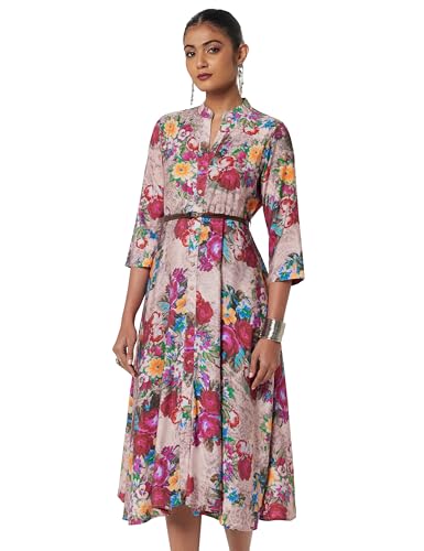 Image of BIBA Women Fit and Flare Below the Knee Rayon Flared Printed Dress