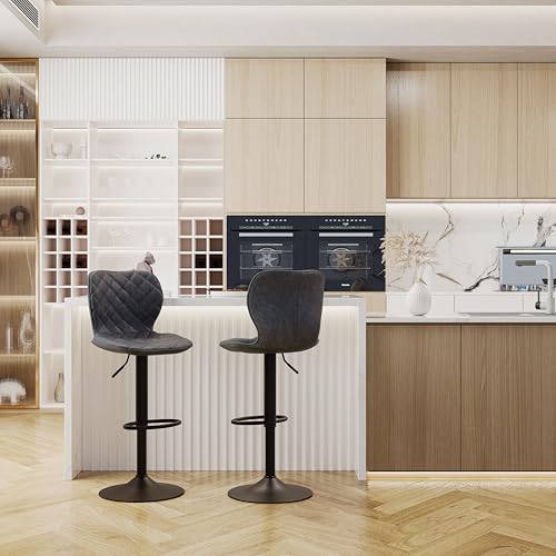 Goeurvant Barhocker 2er Set Barstuhl Höhenverstellbar mit Lehne & Fußstütze – 360°Drehbar PU Leder Gepolstert Barstühle mit Metallgestell für Küche Theke Esszimmer Wohnzimmer,Schwarz