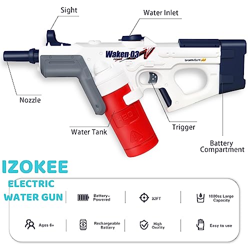 Izokee Electric Water Gun For Kids & Adults, Automatic Squirt Guns With 1000Cc High Capacity, Up To 32 Ft Range, Water Blaster Guns Toy For Summer Swimming Pool Party Beach Outdoor Activity Birthday #TOP1