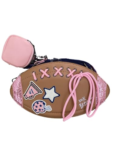 Betsey Johnson Kitsch XO FAN Brown Faux Leather Sports Football White Glitter Star Pink Embroidered Cheerleader Helmet Patches Detail with Removable Pink Zipper Pouch Crossbody Shoulder Bag Handbag4