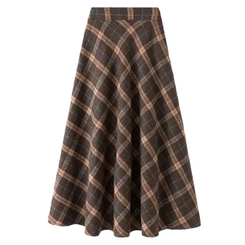Women's Vintage High-Waisted, Plaid, Loose-Fitting, Hip-Hugging Wool Midi A-Line Skirt