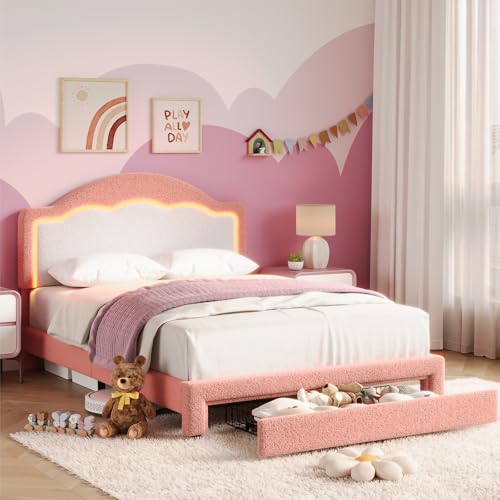 Image of GarveeHome Bed Frame with LED Headboard for Kids, Sherpa Upholstered Platform Bed Frame with Storage Drawer and Wood Slat Support, No Box Spring Required, Easy to Assemble (Pink, Twin)