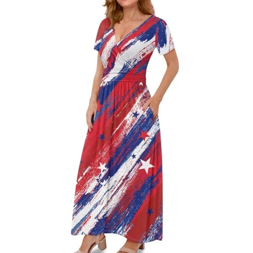 Image of Women's Fall Summer Short Sleeve Ankle Length V-Neck Party Dress with Pockets Size S-3XL
