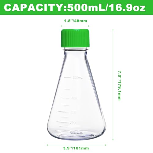 500ml Plastic Erlenmeyer Flask, 2Pcs Sterile Polycarbonate (PC) Conical Cell Culture Flask with Vent Cap for Lab Experiment Chemistry Science, Graduated, 0.22 μm PTFE, Flat Bottom