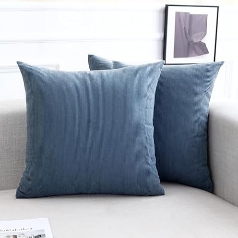 Jepeak Pack of 2 Corduroy Throw Pillow Covers 20x20 Inch Soft Striped Decorative Farmhouse Cushion Covers Square Pillowcases for Couch Sofa Bed Home Decor, CadetBlue Cover