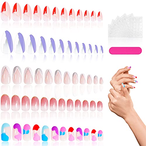 120 Pcs Glue on Nails Fall Fake Nails Medium Press on Nails Glossy Almond False Nails, Artificial Stick on Nails for Women Girls with Glue Stickers and Nail File for Nail Art Holiday Party Gift