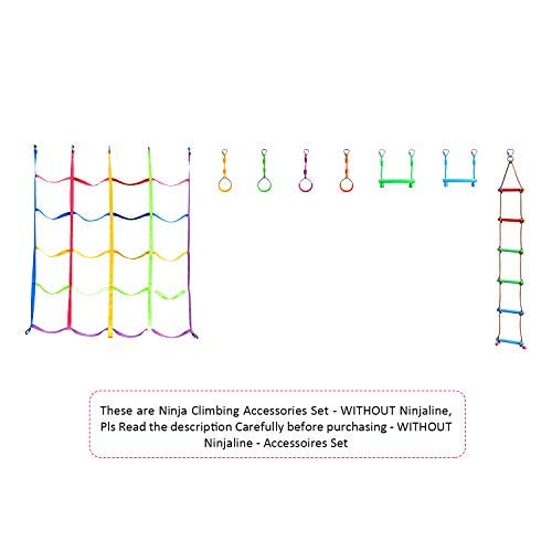 Rainbow Craft Ninja Climbing Attachments for Ninja Obstacle Course Kids Backyard Training Equipment - Ninja Rings, Ninja Monkey Bars, Climbing Rope Ladder & Ninja Cargo Net - Without Ninja Line