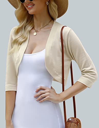 Iclosam Women Cotton Bolero Shrugs Lightweight Summer Cropped Cardigans Sweaters 3/4 Sleeve Shorts Knit Cardigan Open Front Bolero Jackets For Evening Dresses Beige L #TOP1