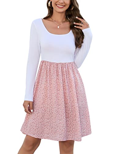 KOJOOIN Damen Tunika Kleid Langarm U-Ausschnitt Swing Kleid Knielang Hohe...