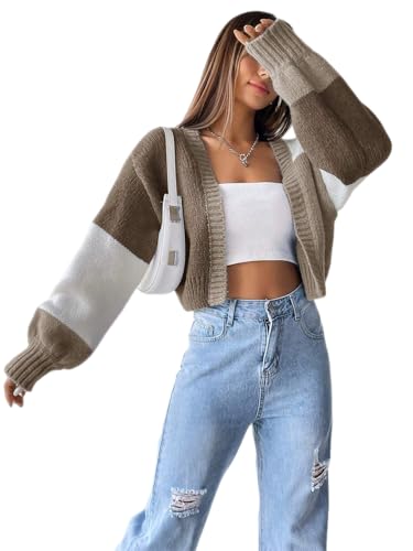 Image of SISKIN Fall Cropped Cardigan Sweaters for Women Lightweight,Color Block Oversized Cardigan Sweater