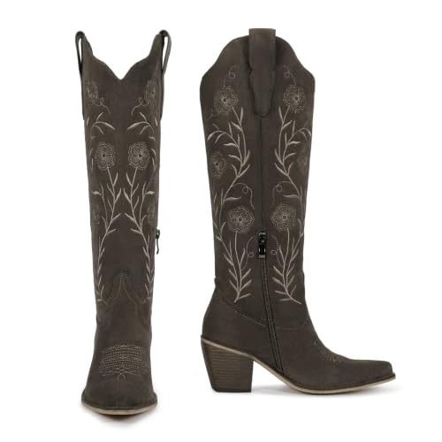 Image of wetkiss Women's Pointed Toe Cowboy Boots | Knee High Cowgirl Boots, Retro Embroidery, Chunky Heel, Pull-On, Style for a Classic Western Look,Stable and Comfortable