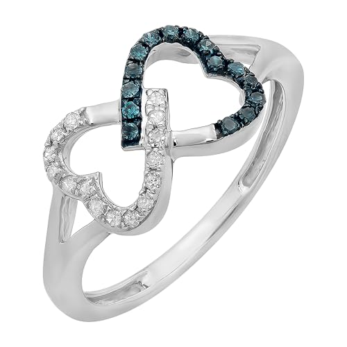 Dazzlingrock Collection 0.15 Carat (ctw) White & Blue Diamond Ladies Promise Two Double Heart Infinity Love Ring, Sterling Silver