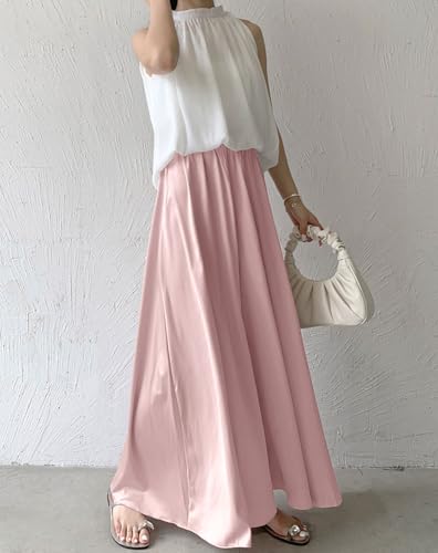 chouyatou Women's Satin Silky Wide Leg Culotte Pants High Elastic Waist Party Dress Casual Palazzo Pants3