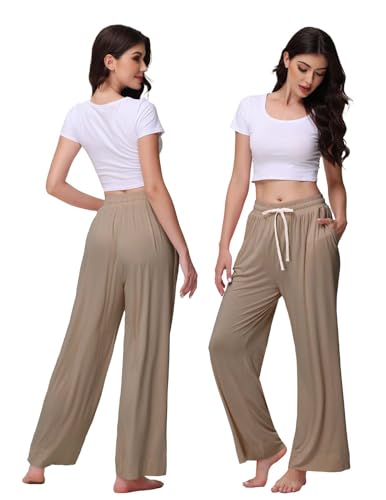 Image of Veseacky Women's Wide Leg Lounge Pants Yoga Pajamas Comfy Stretch Drawstring Pajamas Puls Size Dance Bottoms S-4XL
