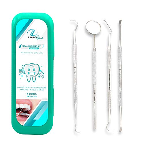 Zayraz Style Professional Dental Hygiene Kit- Calculus & Plaque Remover Set of 4- Stainless Steel Tartar Scraper, Dental Scalar, Tooth Pick and Mouth Mirror - Dental Tools for Pets and Home Use (Aqua)