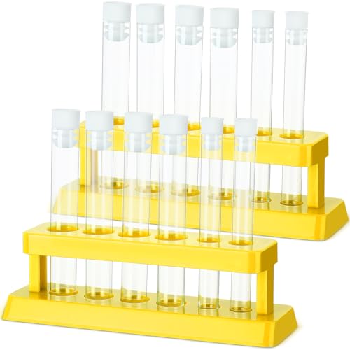 Copkim 2 Sets Test Tubes with Rack Clear Plastic Test with Caps and 6 Holes Holder Rack Nurse Party Decorations Shot Tubes for Scientific Experiments Party Favors Candy (Yellow,Removable)