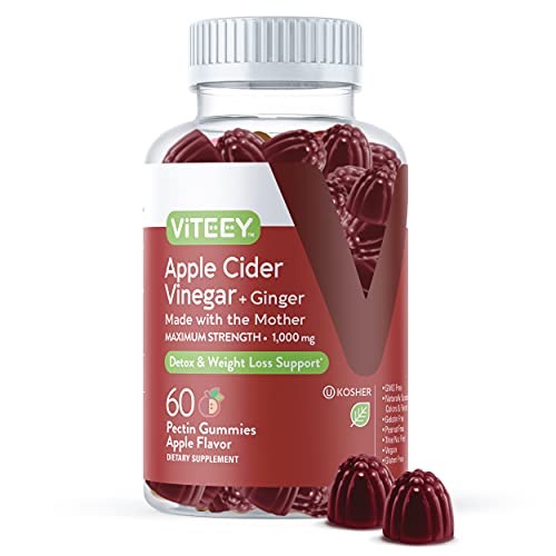 Apple Cider Vinegar Gummies Maximum Strength 1,000mg Plus Ginger, ACV With The Mother Dietary Supplement, Supports Immune Health, Detox, Cleanse, Weight loss & Digestion-Pectin Gummy [60 Count-1 Pack]