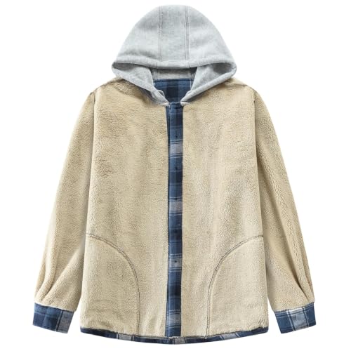 Image of Men's Cotton Plaid Shirt Jacket Fleece Flannel Sherpa Button Down