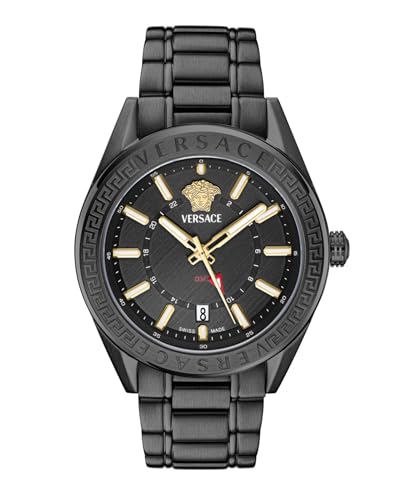 Versace V-Code GMT Collection Luxury Mens Watch Timepieces with a Black Bracelet Case and Dial
