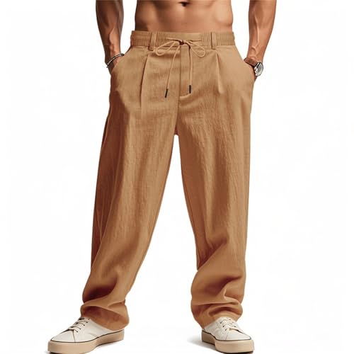 Casual Lounge Daily Pants for Men Cotton Linen Elastic Waist Hawaii Beach Trousers Wide Leg Drawstring Traveling Pant2